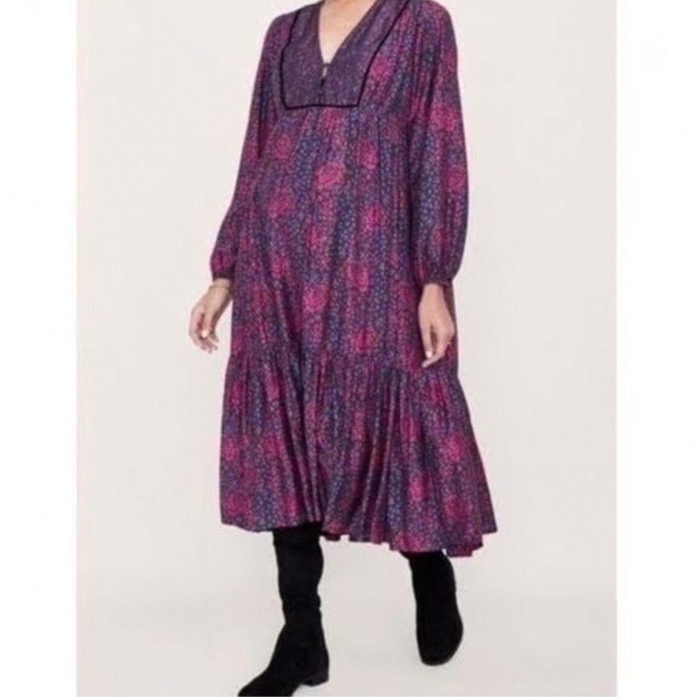 Hatch Women 2 / M Addison Purple Floral Long Sleeve Tiered Midi Dress Flowy Bobo